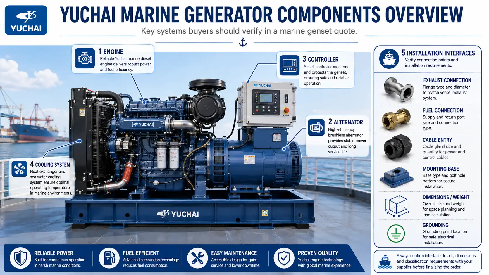 Yuchai marine generator components overview showing engine, alternator, controller, cooling system, and installation interfaces