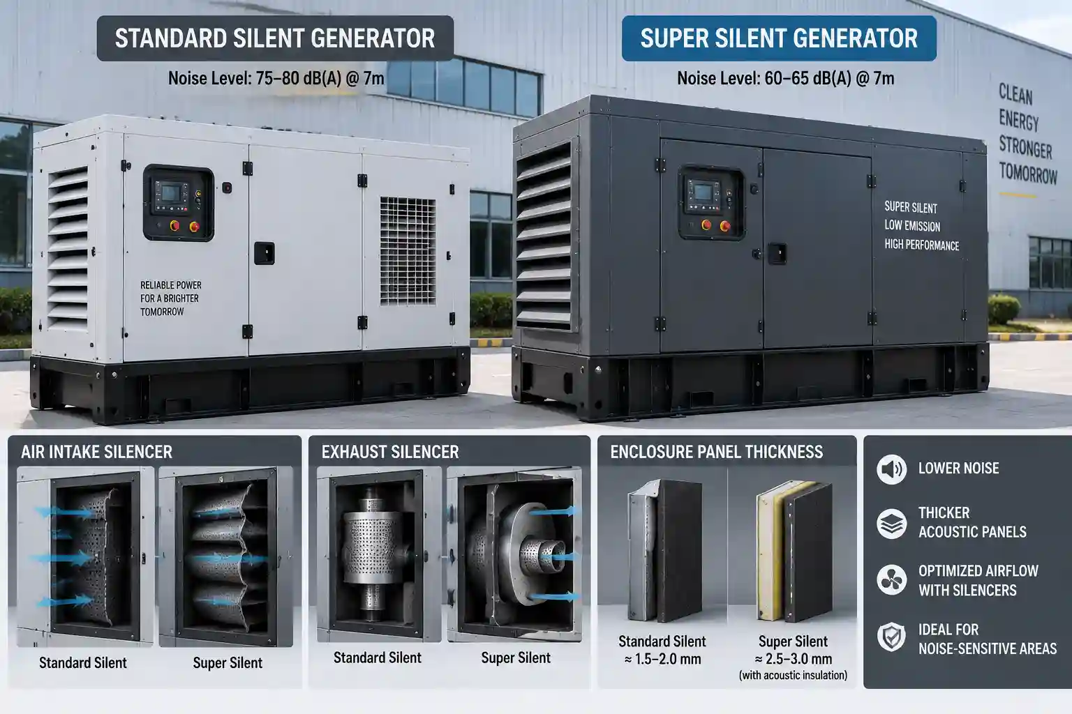 Comparison between silent and super silent diesel generator acoustic enclosures