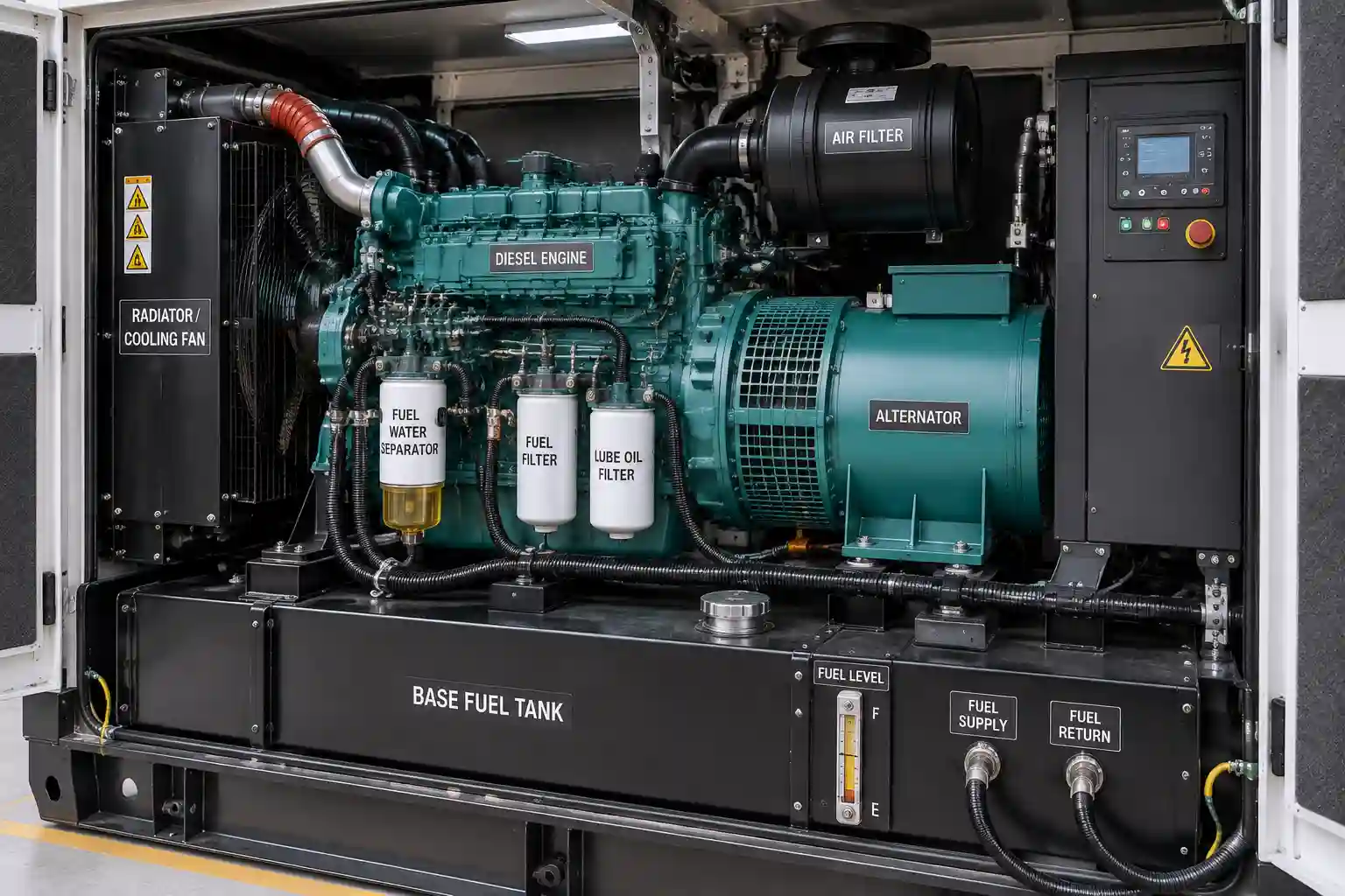Diesel generator engine compartment showing fuel filters and base fuel tank system