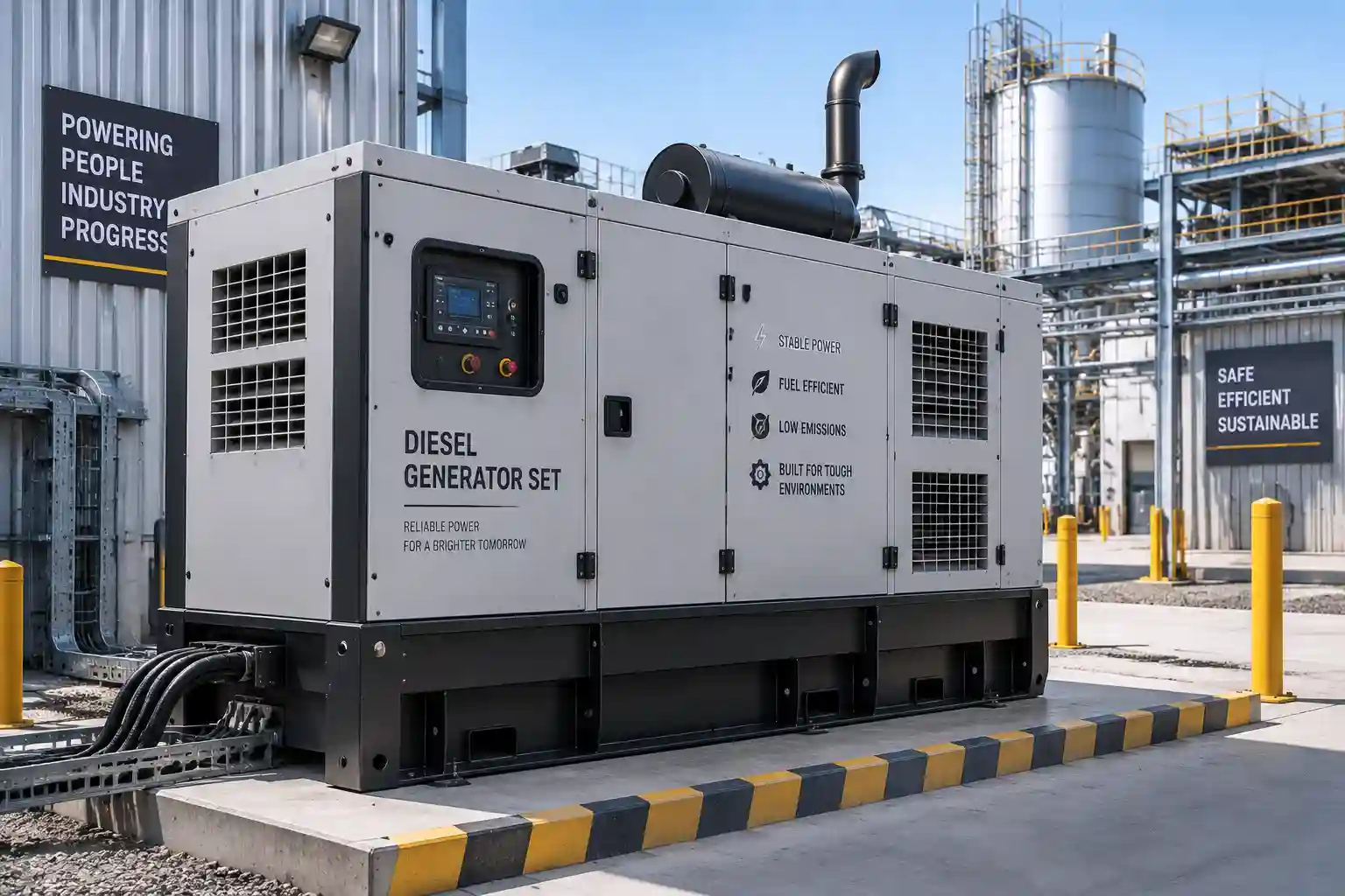 Industrial diesel generator set operating at an outdoor facilit