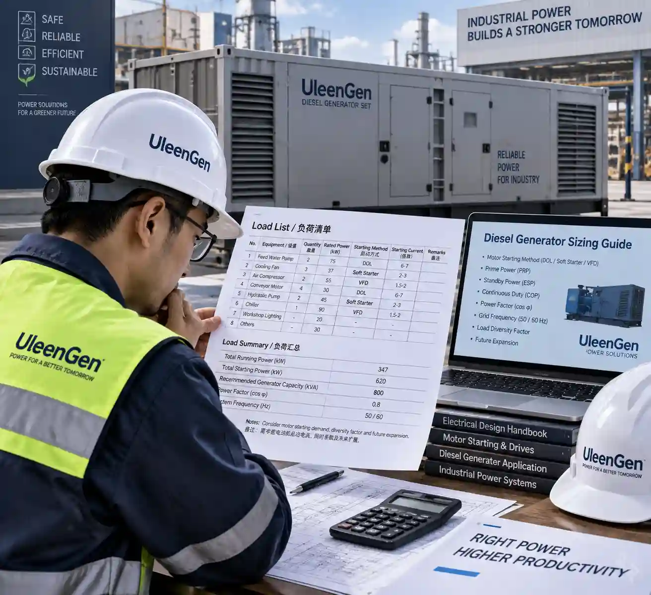 Industrial power load sizing and motor starting demand for diesel generator