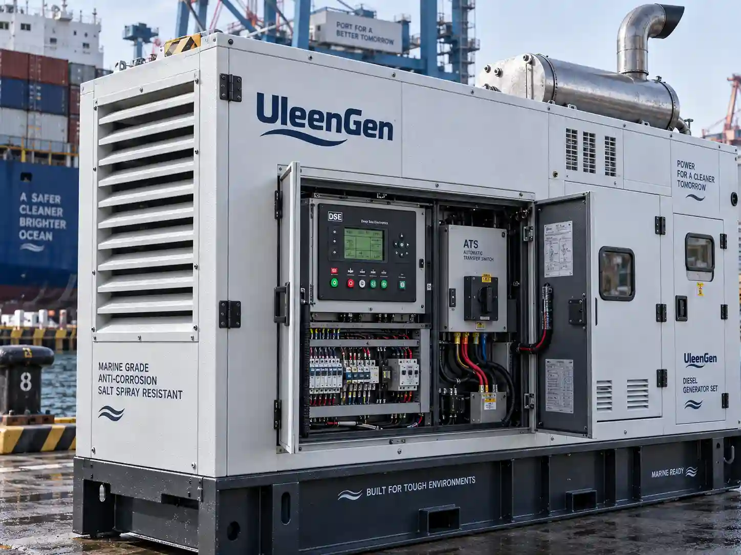 UleenGen containerized diesel generator with anti-corrosion canopy and DSE control panel