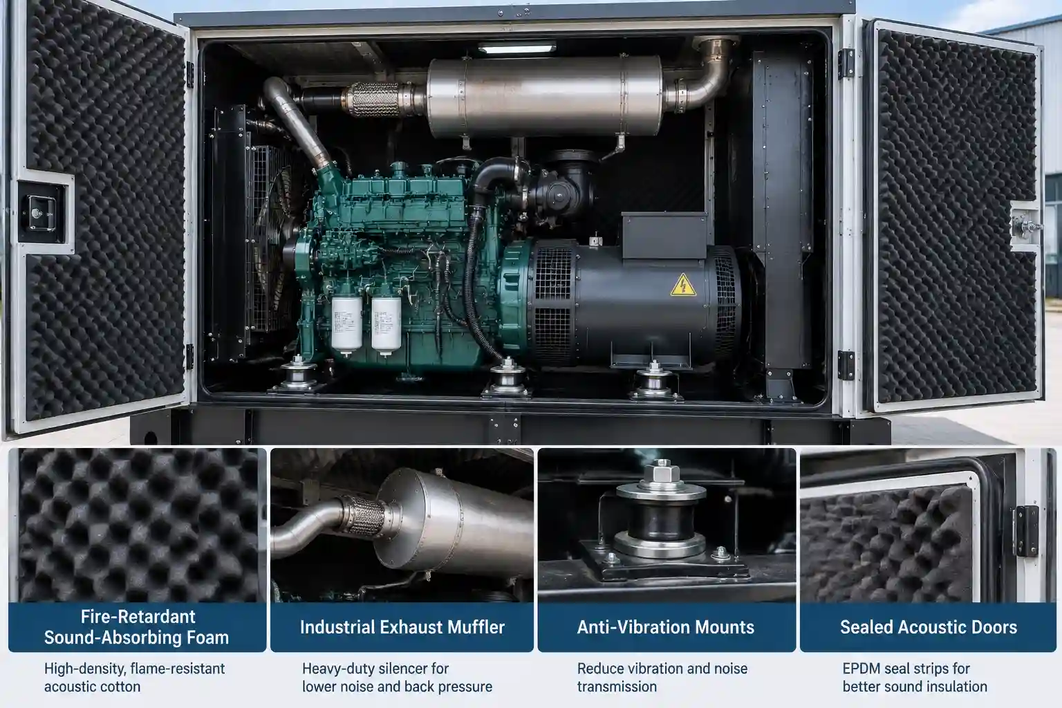 ound-absorbing acoustic foam lining and industrial exhaust muffler inside generator canopy
